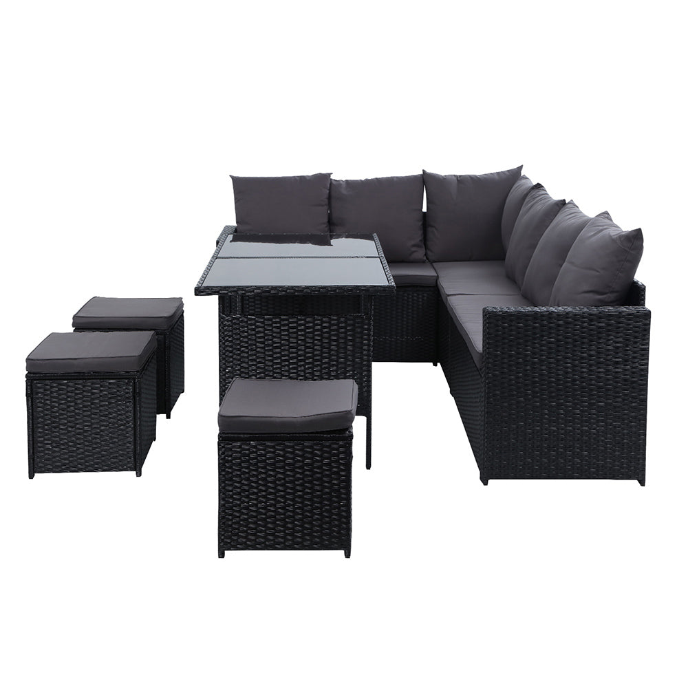 Armadale Deluxe 9 Seater Sofa Dining Set with 3 Ottomans - Black (Storage Cover)